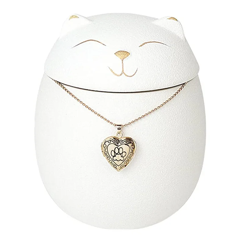 Urne commémorative chat style japonais avec collier photo coeur or – Image 6