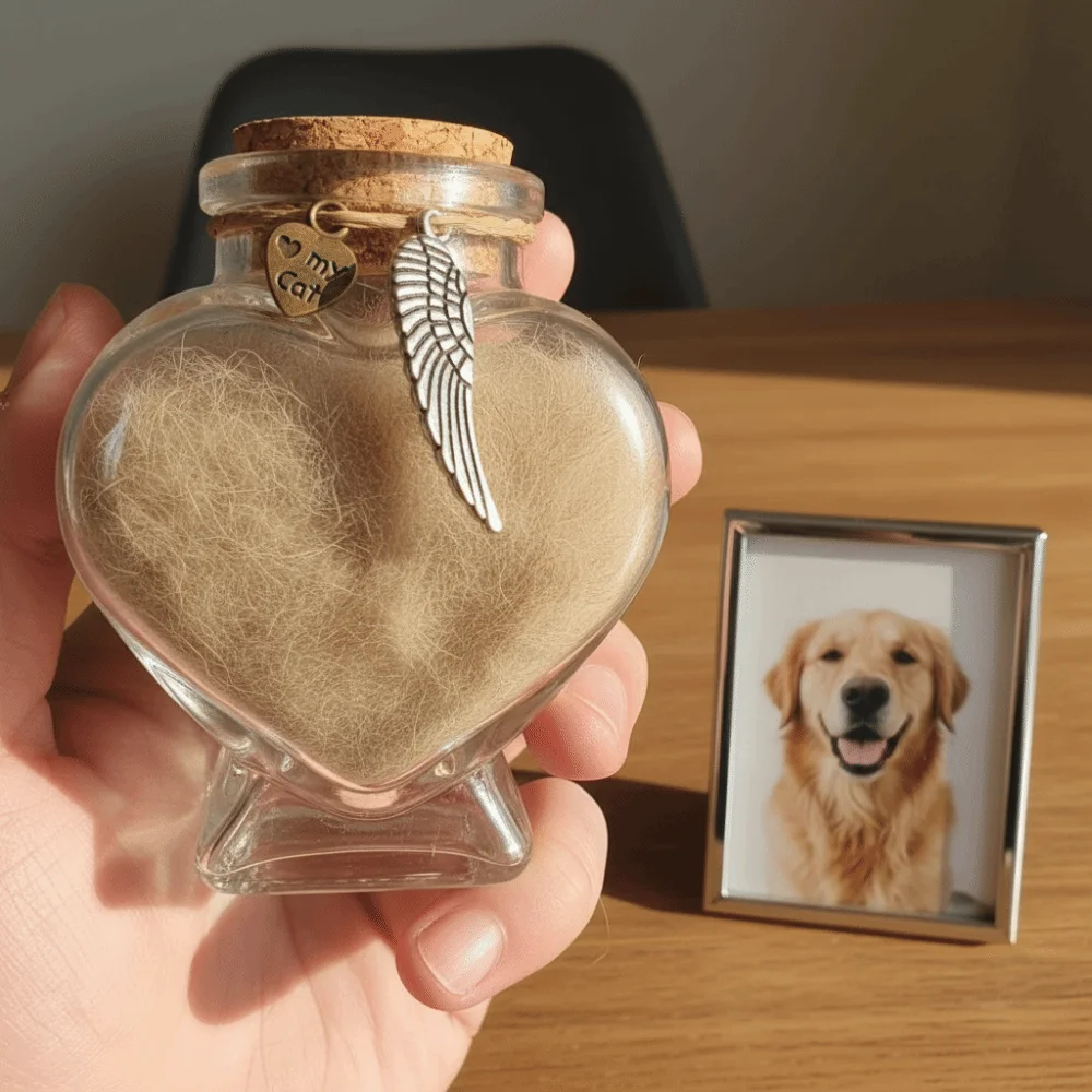 Urne chat chien transparente en coeur cendre ou poil – Image 3
