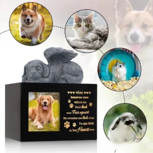 Urne en bois noire pour cendres photo chien ange couché