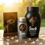 Urne personnalisable photo nom date en métal pour chat et chien