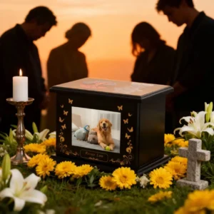 Grande urne en bois pour chien cendre avec photo noire ou brune
