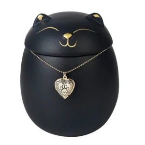Urne commémorative chat style japonais avec collier photo coeur or