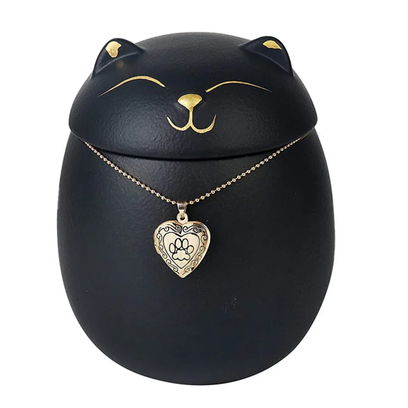Urne commémorative chat style japonais avec collier photo coeur or