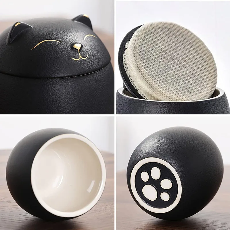 Urne commémorative chat style japonais avec collier photo coeur or – Image 3