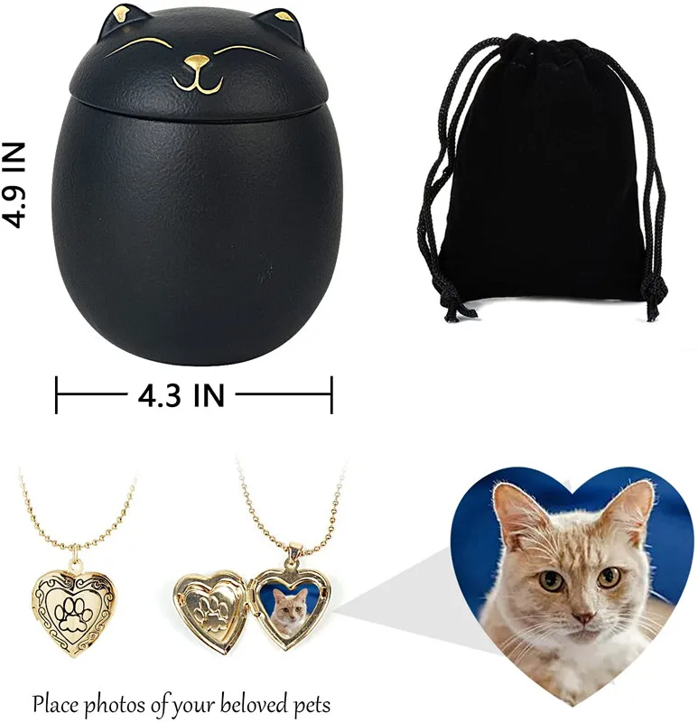 Urne commémorative chat style japonais avec collier photo coeur or – Image 2