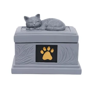 Urne chat couché grise patte en or
